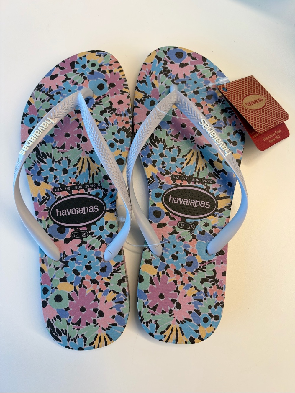 Havaianas Slim Floral Flip Flops Blue & Pink US 7/8